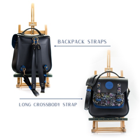 Skórzany plecak w kolorze czarnym oraz wzorem w kwiaty