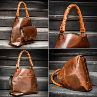 Brązowa torba skórzana Alicja z ręcznie plecionym uchwytem camel