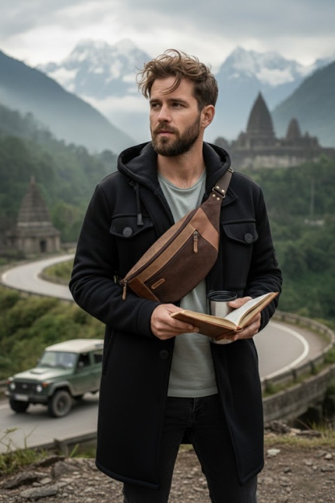 Large brown leather fanny pack from Ladybuq Art Studio