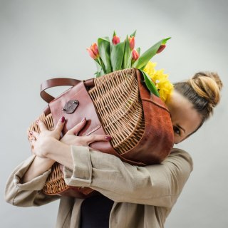 Wicker and leather basket handmade