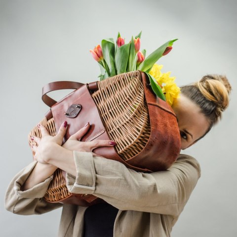 Wicker and leather basket handmade