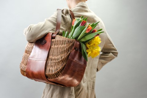 Wicker and leather basket handmade