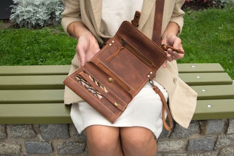 Portfel skórzany etui na telefon kolor rudy