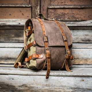 Handmade leather backpack color brown and khaki