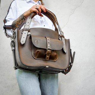 Torba Kuferek skórzany ciemny brąz i szary