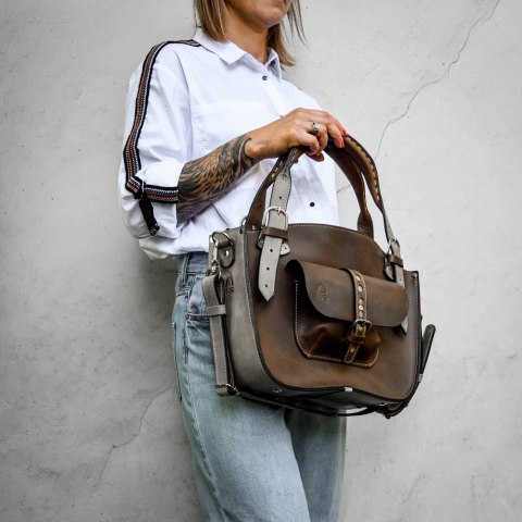 Torba Kuferek skórzany ciemny brąz i szary