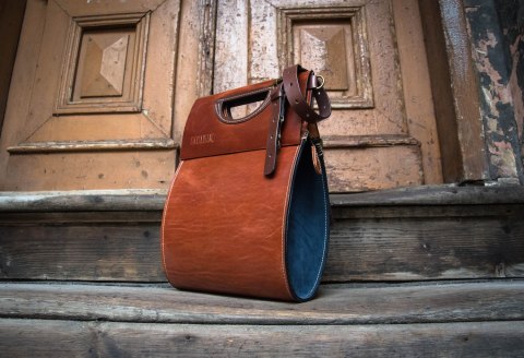 Handmade leather purse The tear color ginger and navy blue