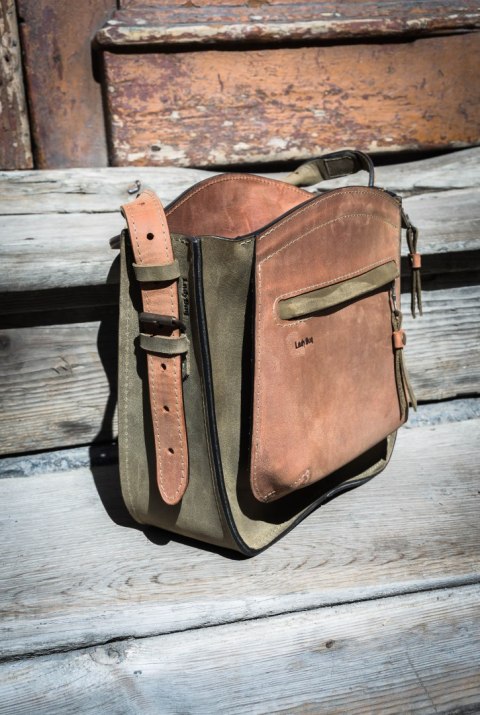 Leather handmade purse Rita color khaki and ginger
