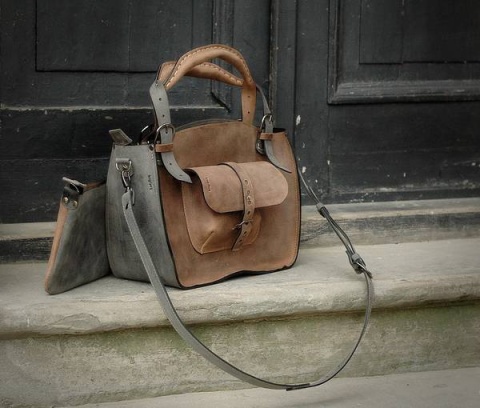 Torba skórzana kuferek kolor brąz i szary