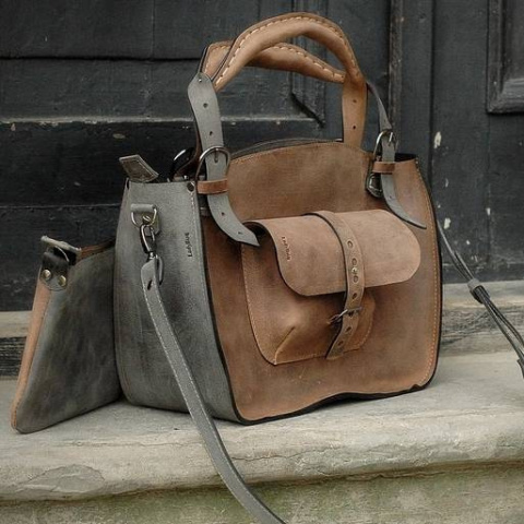 Torba skórzana kuferek kolor brąz i szary