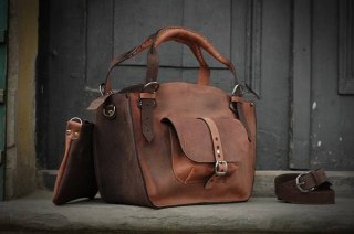 Torba Kuferek skórzany z kopertówką . Kolor ciemny brąz i rudy LadyBUQ Art