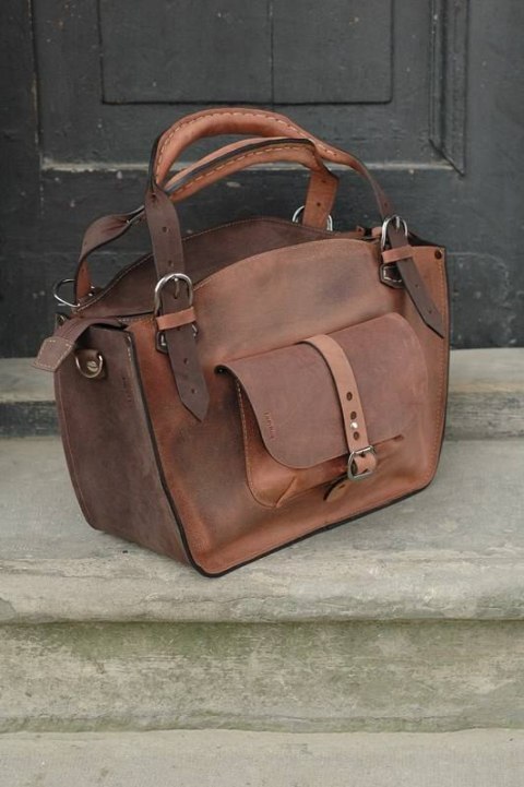 Leather satchel bag with clutch. Dark brown and cognac color. LadyBuQ Art.