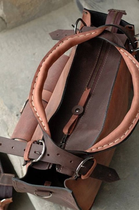 Leather satchel bag with clutch. Dark brown and cognac color. LadyBuQ Art.