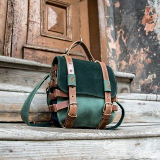Handmade leather backpack green color