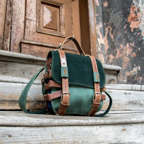 Handmade leather backpack green color