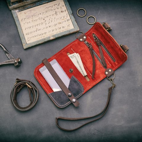 Portfel skorzany, etui na telefon kolor brązowy i czerwony