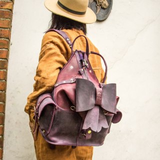Handmade Women’s Leather Backpack with Detachable Bow – Elegant Plum Leather Backpack, Artisan Design