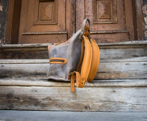 Skórzany plecak/torebka na ramię w jednym, plecak w kolorach Szary i Brązowy od Ladybuq Art