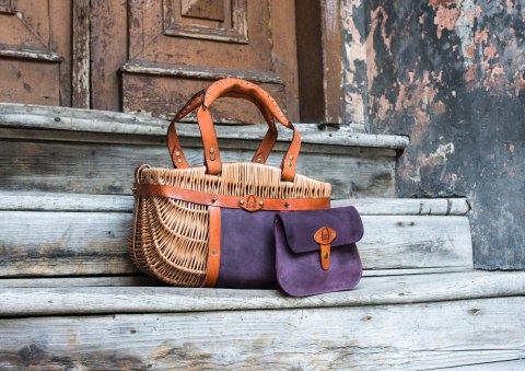 Wicker and leather basket bag