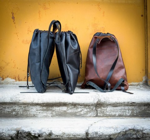 Plecak worek skórzany z naturalnej skóry ręcznie wykonany brązowy