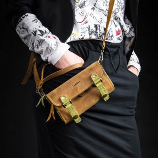 Portfel skórzany, etui na telefon kolor kamelowy i limonkowy