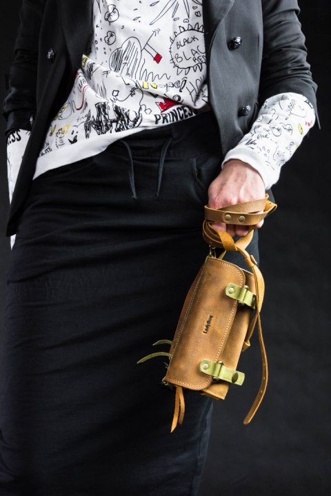 Portfel skórzany, etui na telefon kolor kamelowy i limonkowy