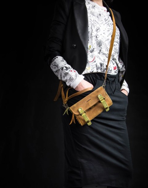 Portfel skórzany, etui na telefon kolor kamelowy i limonkowy