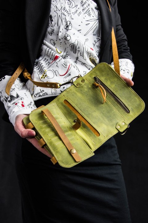 Portfel skórzany, etui na telefon kolor kamelowy i limonkowy