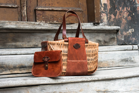Wicker and leather basket handmade