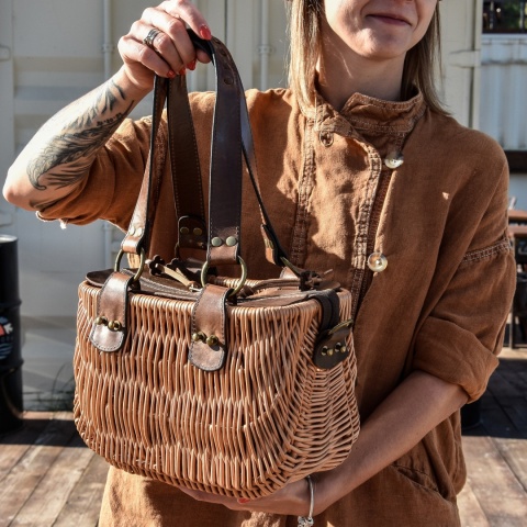 Wicker and leather basket