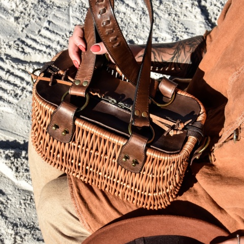 Wicker and leather basket