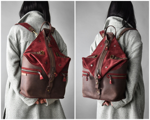 Skórzany plecak w kolorze brązowym oraz fioletowym