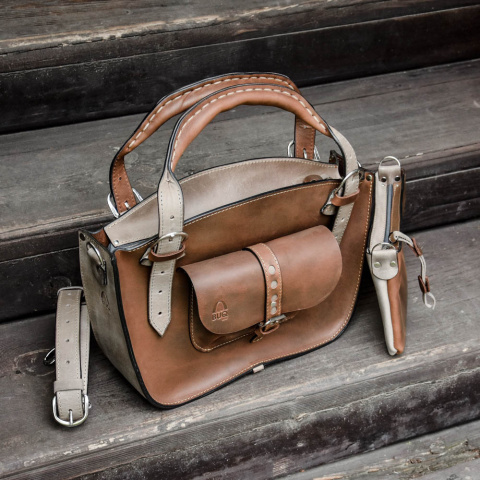 Torba Kuferek skórzany ciemny brąz i szary