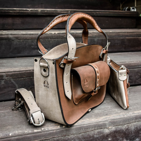 Torba Kuferek skórzany ciemny brąz i szary