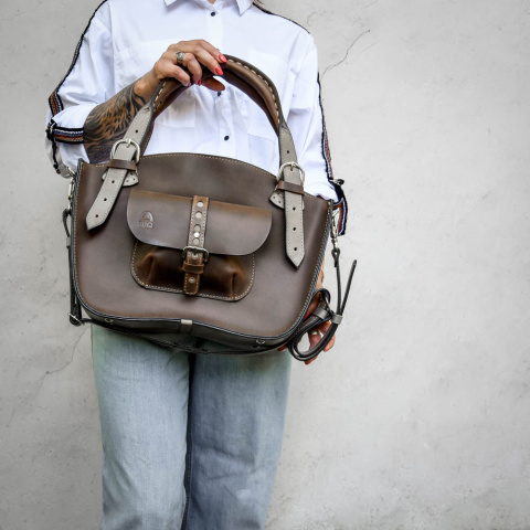 Torba Kuferek skórzany ciemny brąz i szary