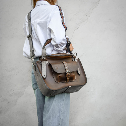 Torba Kuferek skórzany ciemny brąz i szary