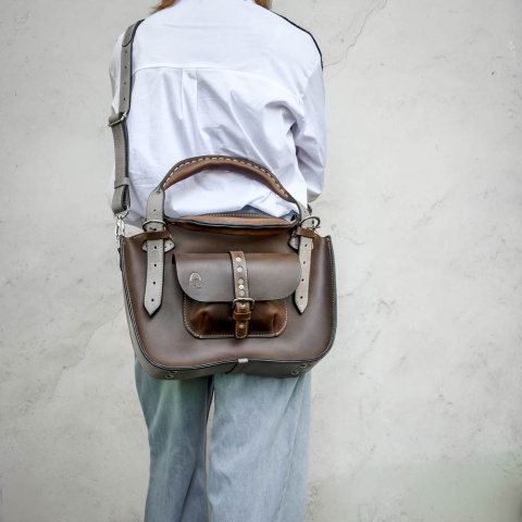 Torba Kuferek skórzany ciemny brąz i szary