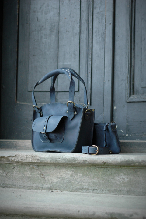 Leather Tote Bag - dark blue