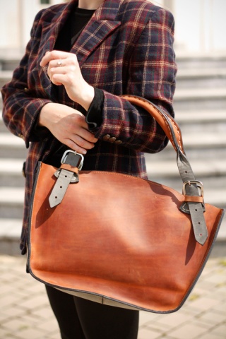 Kuferek z kopertówką rudo szary ręcznie robiona torebka. Torba skórzana z kopertówką.