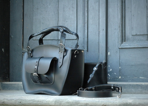 Leather Tote Bag with Clutch color black