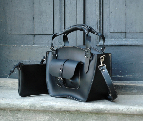 Leather Tote Bag with Clutch color black