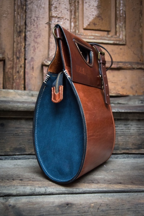 Handmade leather purse The tear color ginger and navy blue