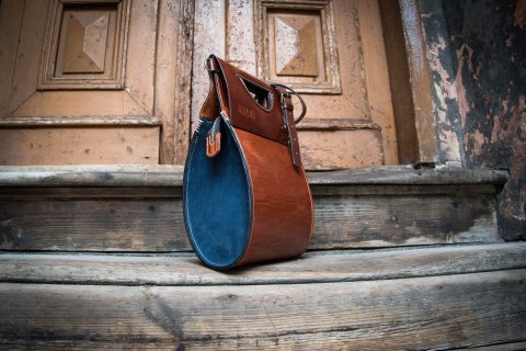 Handmade leather purse The tear color ginger and navy blue