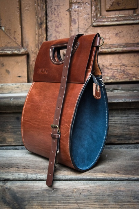 Handmade leather purse The tear color ginger and navy blue