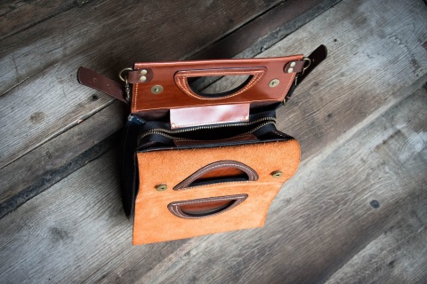 Handmade leather purse The tear color ginger and navy blue