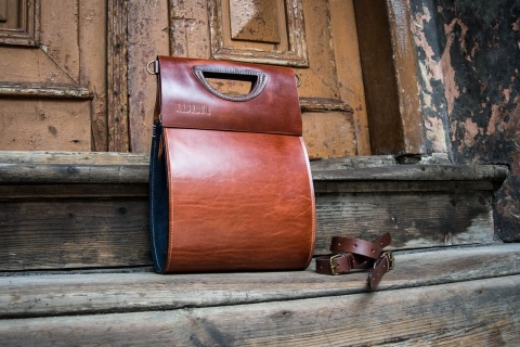 Handmade leather purse The tear color ginger and navy blue